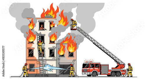 Brave firefighters battling a blazing building fire with ladder trucks and water hoses illustration