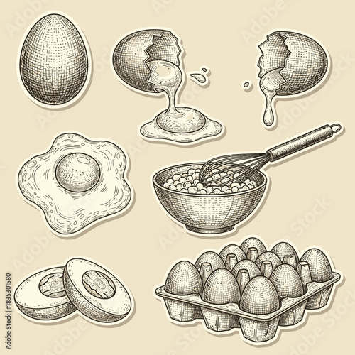 Vintage stippling illustrations depict diverse egg forms: whole, cracked, fried, and boiled, alongside baking tools, ideal for kitchen and food art.