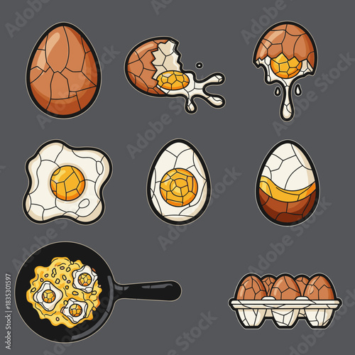 A vibrant vector illustration set of diverse egg preparations, including whole, cracked, fried, boiled, and scrambled, ideal for breakfast or food graphics.