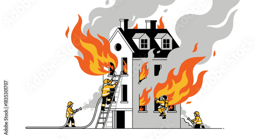 Courageous firefighters battling a blaze engulfing a building with fervor and bravery