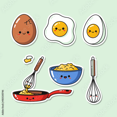 This charming set features adorable cartoon eggs in various forms like fried, boiled, and scrambled, with cooking utensils, perfect for playful breakfast designs.
