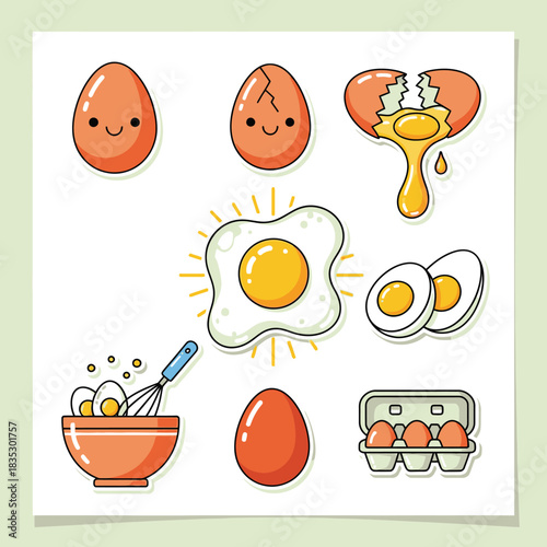 A charming collection of cute cartoon eggs, featuring whole, cracked, fried, and boiled variations, ideal for playful culinary graphics and cheerful food-themed designs.