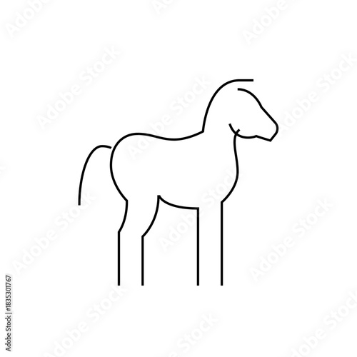 A simple line drawing of a horse standing still with a curved tail and straight legs in black and white
