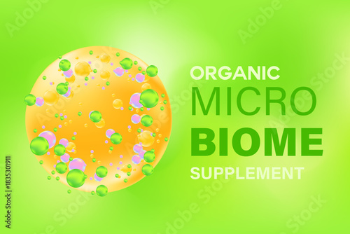 Scientific 3D organic, healthy microbiome background with copy space. Elegant glowing microbiota liquid molecule or cell. Healthy stomach, intestines, digestive system nutrition supplements.