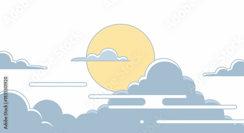 Stylized serene sky illustration featuring the sun partially obscured by soft clouds