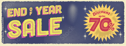 end of year sale banner template. distressed  vintage style with star and blue night sky. promotional sale banner template vector illustration