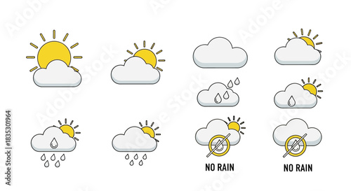 Illustration collection of weather forecast icons featuring sun, clouds and rain conditions