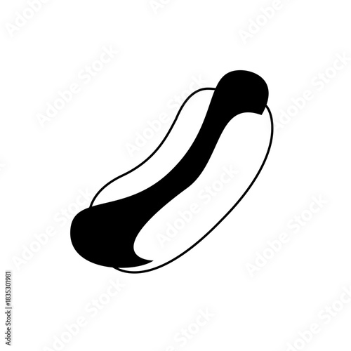 Illustration of a simple hotdog with a black sausage in a white bun on a plain white background