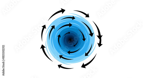 Abstract swirling vortex illustration with directional arrows symbolizing movement and dynamic force