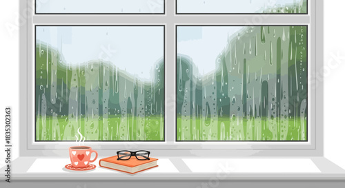 Cozy rainy day scene with tea book and glasses by the window offering peaceful view