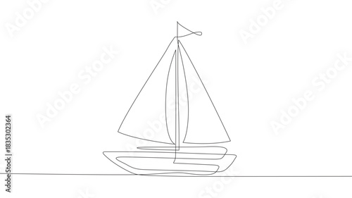 Single one-line drawing little sailing ship, boat, sailboat, flat style. Icon or symbol of a toy boat, asailing ship, sailboat with white sails. Continuous line draw design graphic vector illustration