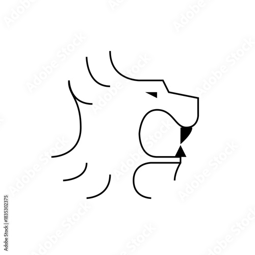 Stylized minimalistic lion head outline with open mouth and triangular details in black and white design