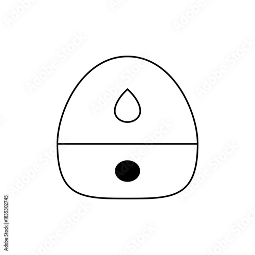 Illustration of a humidifier with a water droplet symbol and a black circle button in outline style