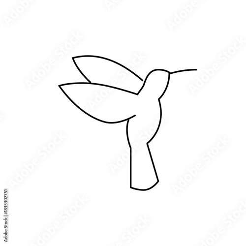 A simple line drawing of a hummingbird with wings outstretched and long beak in white background