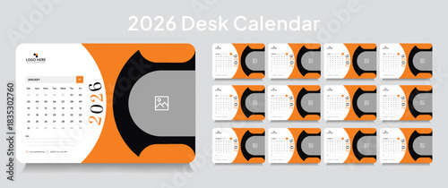 	
Customizable desk calendar 2026 template, corporate desk calendar schedule 2026 monthly 12-page planner layout, editable vector eps 10 file format