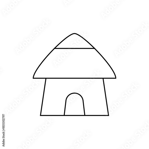 Illustration of a simple hut with a thatched roof and arched doorway in a minimalist line drawing style