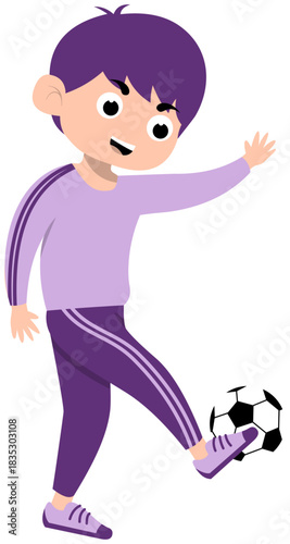 Boy in long sleeved blue shirt completing inside foot pass, step 4 soccer illustration. Editable Color Vector
