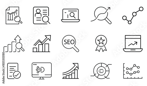 Collation of digital marketing set in line style. Communication, analysis, strategy, marketing, content, ecommerce, seo and more. Web optimization and digital marketing strategy. Vector illustration.