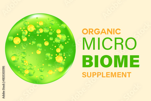 Scientific 3D organic microbiome background with copy space. Elegant glowing microbiota liquid green, yellow molecule or cell. Healthy stomach, intestines, digestive system nutrition supplements.