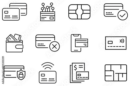 Collation of credit card icons in line style. Containing ATM, wallet, money transfer, banking, money, credit card and more. Personal finance security. Vector illustration.