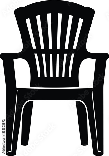 Simple black silhouette of a modern plastic outdoor patio chair on a white background