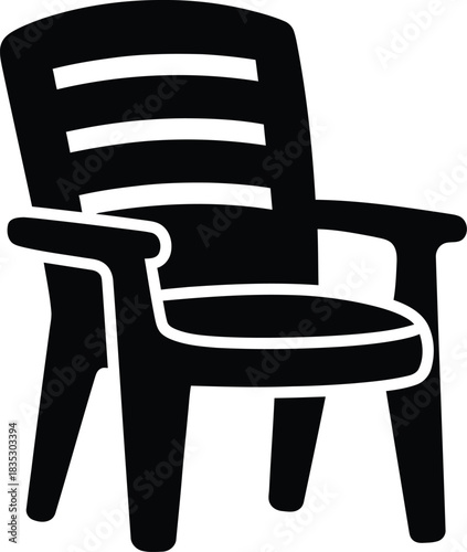 Simple black silhouette icon of a modern plastic armchair on a white background