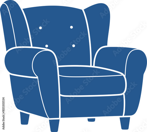 Simple blue wingback armchair with white outline on a white background clean graphic illustration