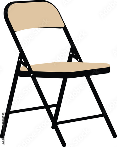 Simple beige folding chair with black metal frame isolated on white background