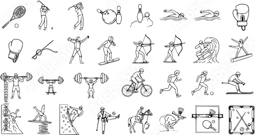 Black and White Line Art Sports Icons Set. Hand-drawn collection of athletic activities: tennis, golf, bowling, swimming, boxing, archery, surfing, skiing, running, cycling, weightlifting, and more.