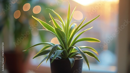 Green houseplant in pot with sunlight and bokeh background