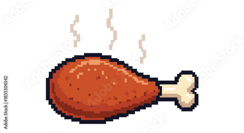 A simple pixel art illustration of a steaming hot and freshly cooked roasted chicken leg or drumstick on a white background.