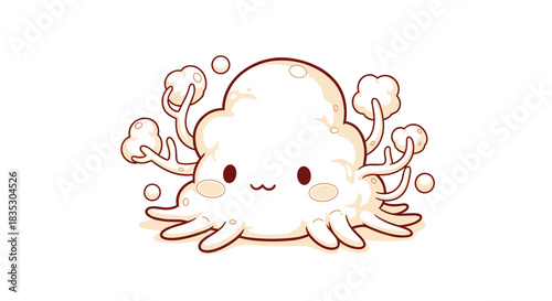 An adorable and whimsical line art illustration of a cute cartoon octopus or sea creature with a happy smiling face.