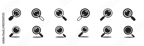 Set of black and white magnifying glass icons illustrating various search and zoom functionalities for user interfaces