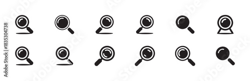 Set of black and white magnifying glass icons illustrating various search and zoom functionalities with shadow