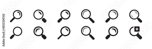 Set of black and white magnifying glass icons illustrating various search and zoom functionalities for web interfaces