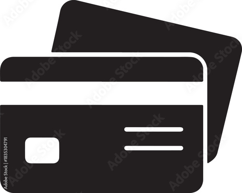 A minimalist graphic depicting two credit cards, one partially obscuring the other, in a clean black and white silhouette.