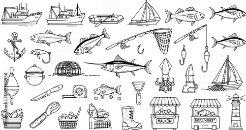 Fishing Industry Black and White Line Art Icons Set. Hand-Drawn Nautical Equipment, Marine Life, and Seafood Market Elements Collection. Ocean Themed Doodle Vector.