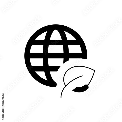 Illustration of a globe with grid lines and a leaf in black and white representing eco friendly world