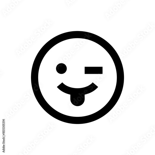 A winking emoticon with its tongue sticking out represented in a minimalist black and white style