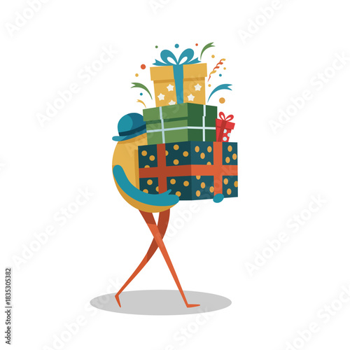 Cute Quirky Character Walking While Carrying Large Stack of Gift Boxes