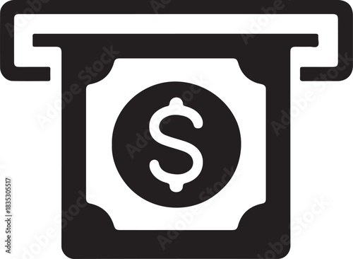 A black and white graphic representation of a dollar bill with a dollar sign being fed into a slot, symbolizing financial transactions.