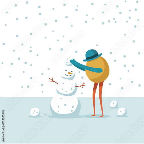 Quirky Egg-Shaped Character Building a Snowman in Falling Snow