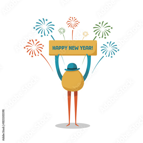 Quirky Egg-Shaped Character Celebrating New Year with Fireworks and Banner