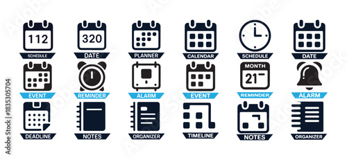 Set of scheduling and time management icons such as calendar clock reminder alarm