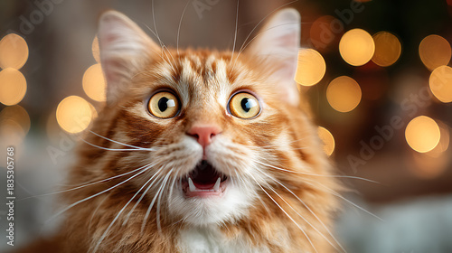 Ginger feline with wide eyes and open mouth animal