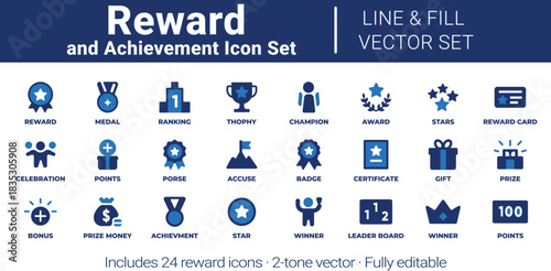 Reward and Achievement Icon Set – Editable Line and Fill Vector Icons