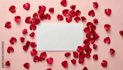Romantic Valentine's Day blank greeting card composition with heart, flat lay top view