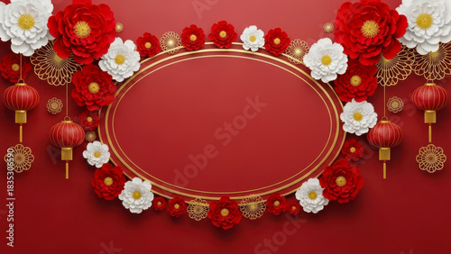 Festive red and gold oval frame decorated with blooming flowers and chinese lanterns for lunar new year celebrations