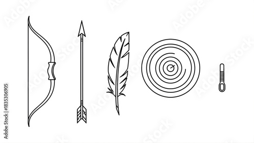Archery Target Practice Bow, Arrow, Feather, Target, and Quiver Illustration