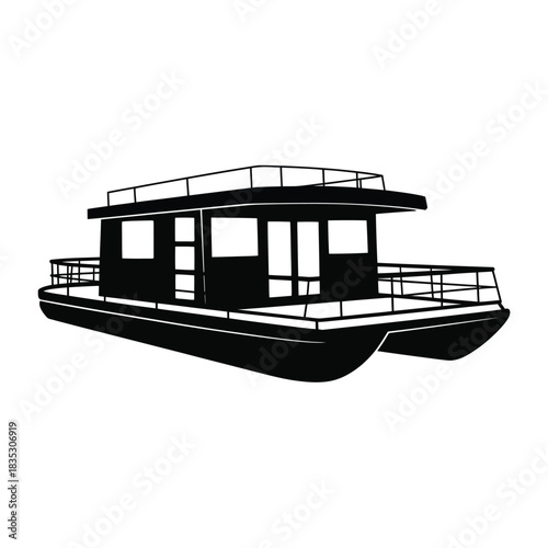 Black silhouette of a pontoon boat with cabin and railings